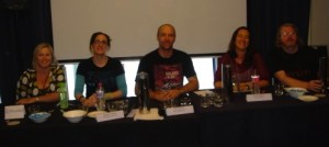 Elegant Promotion panel: Alex Adsett, Abigail Nathan, Alan Baxter, me & Russell B Farr